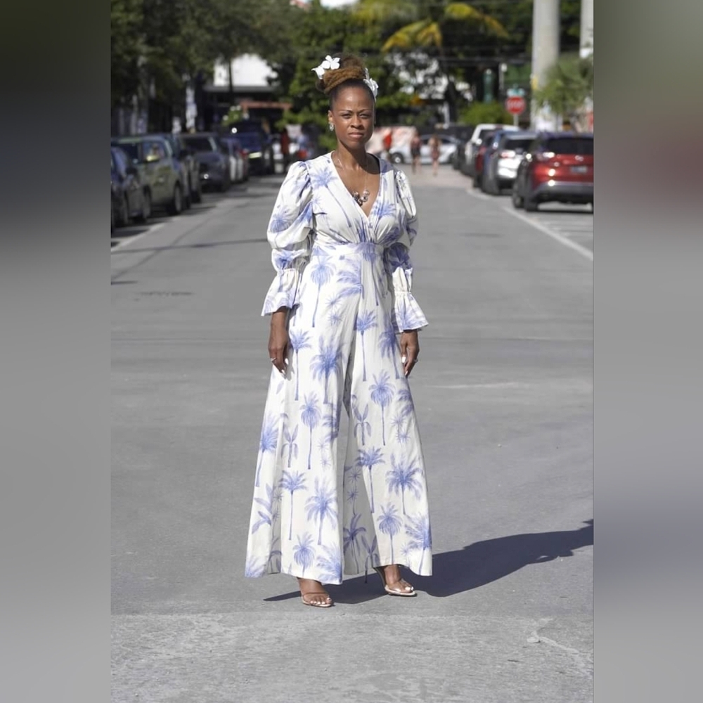 Elegant White and Blue Palm Print Jump Suit